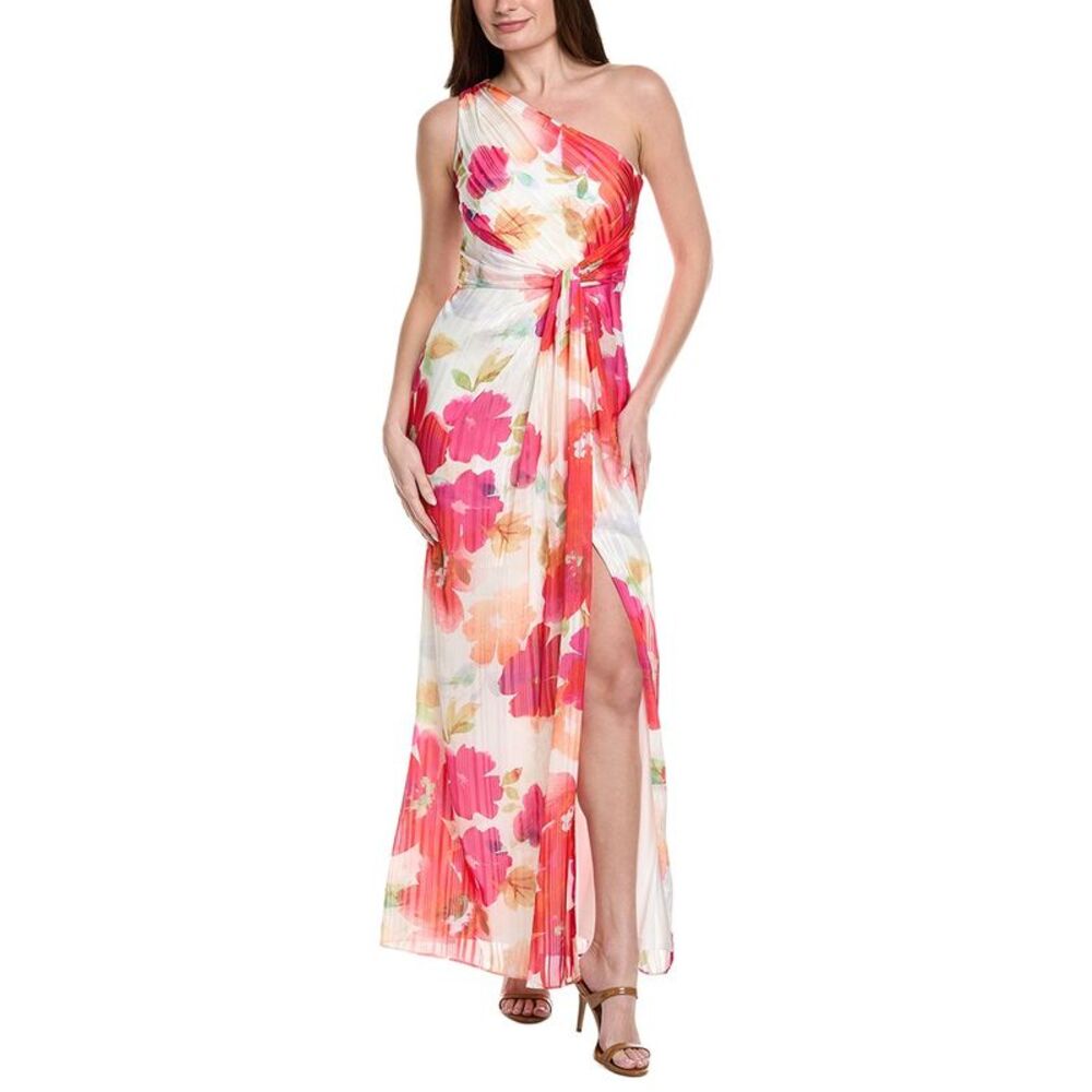 Adrianna Papell Womens  One-Shoulder Watercolor Floral Stripe Gown, White